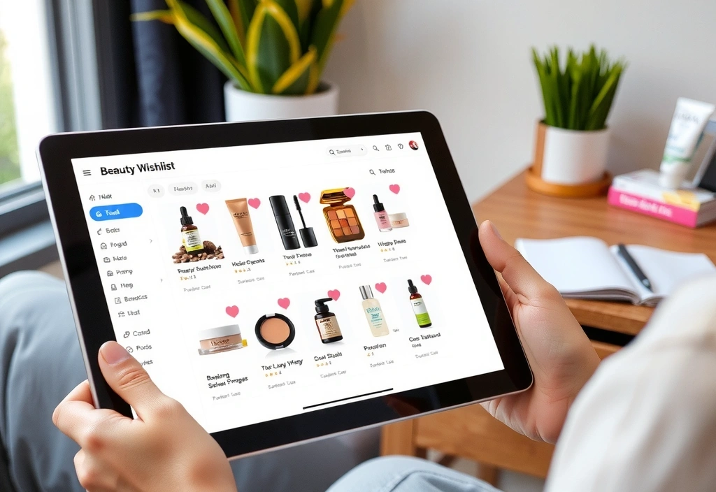 Illustration of a person browsing a wishlist with heart icons