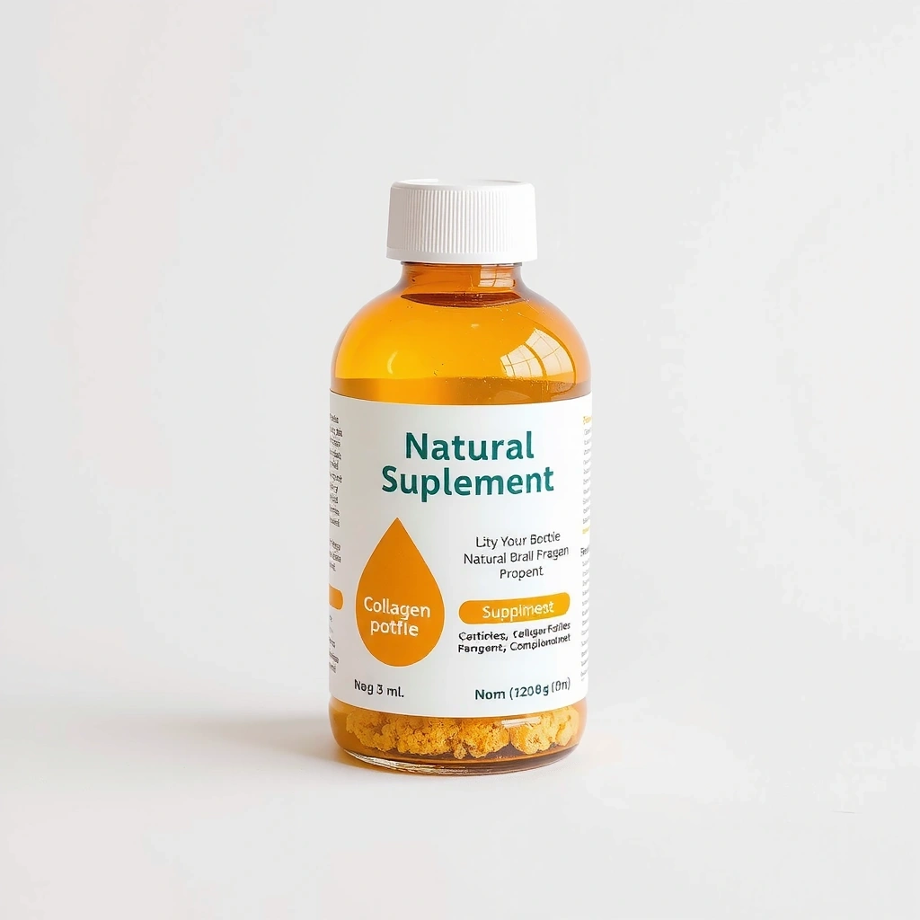 High-quality aesthetic image of natural collagen supplement bottle, clean background, no text, no letters, no inscriptions.