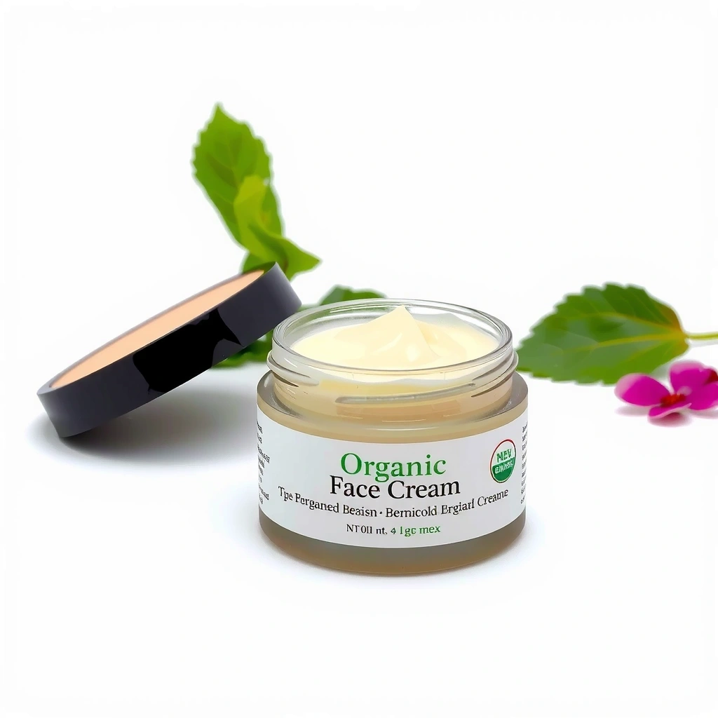 Organic face cream jar with natural ingredients shown, clean background.